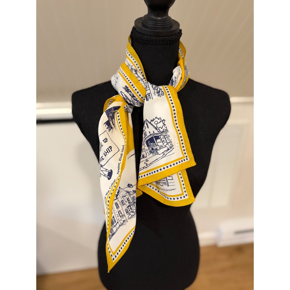 VTG 80s June Critchfield US Naval War College Newport RI Scarf Yellow Blue Crepe